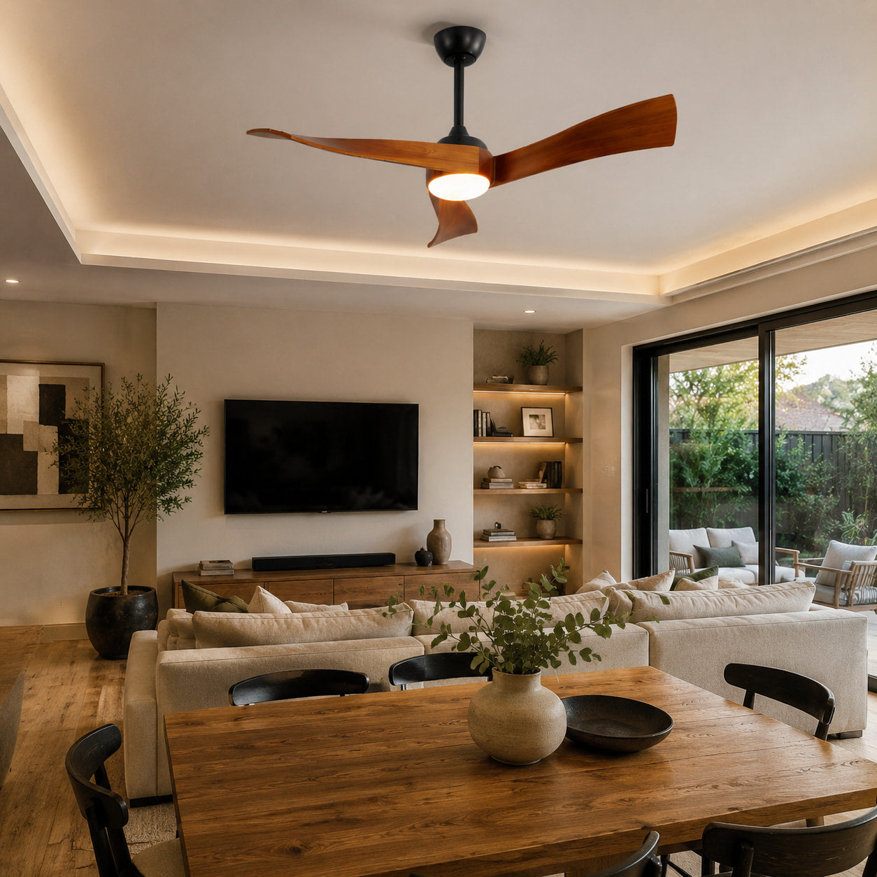 Noce | Ventilateur de plafond bois foncé avec LED