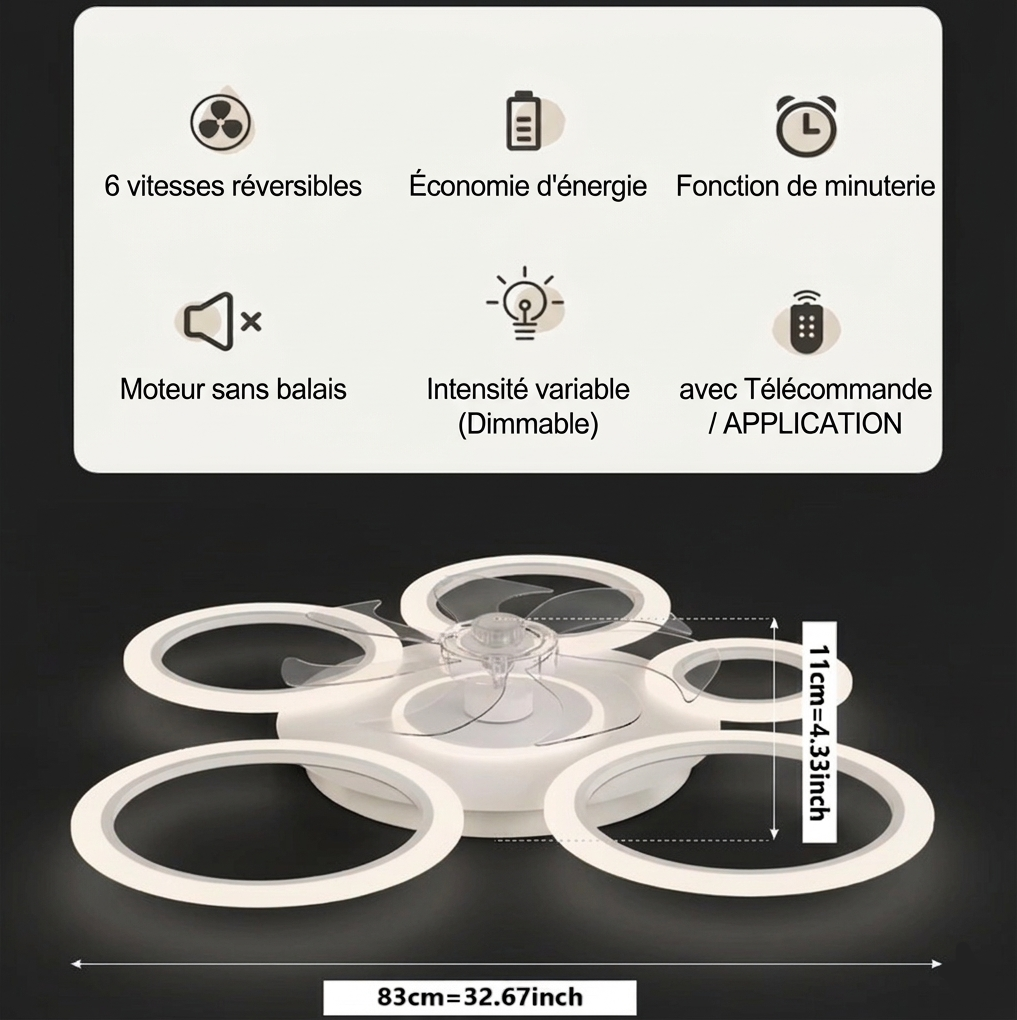 Plafonnier Ventilateur LED 115W - Design Anneaux Circulaires
