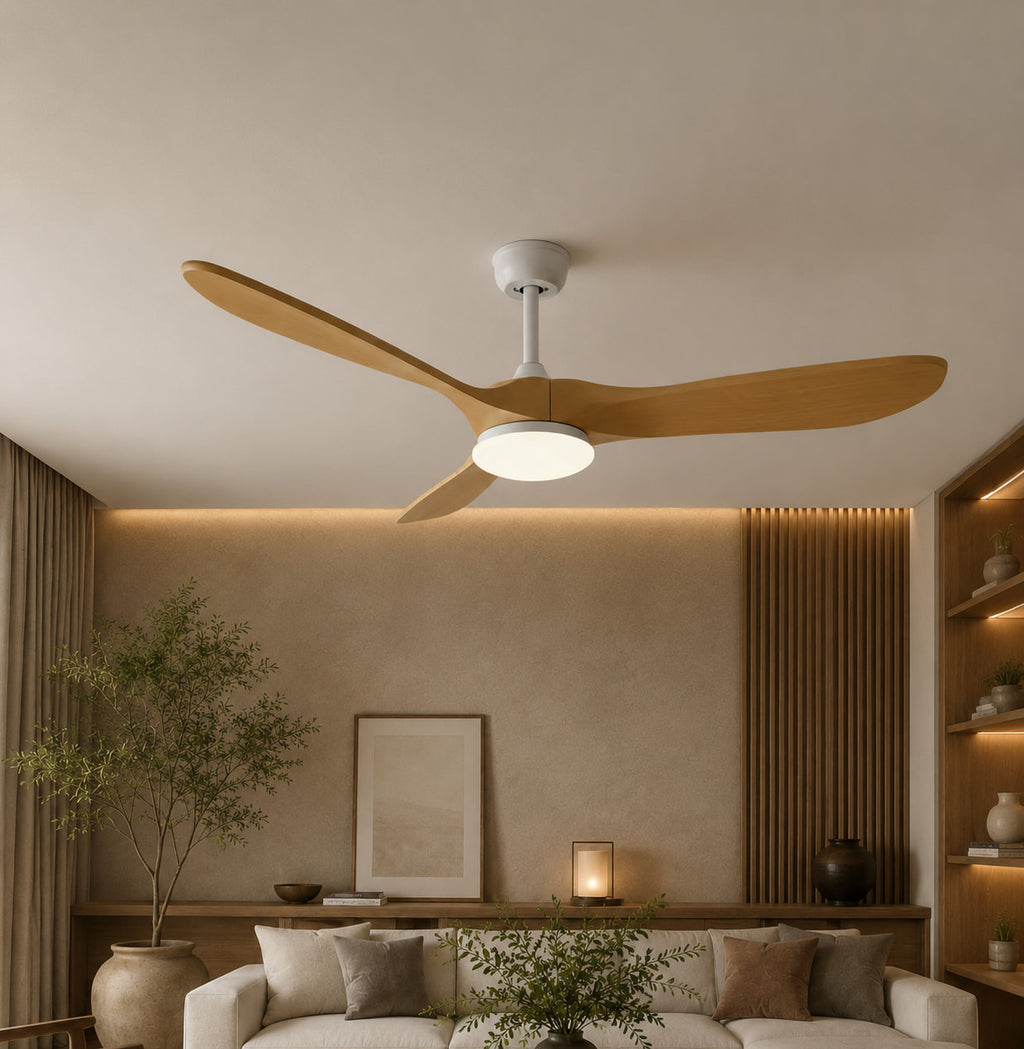 Plafonnier Ventilateur Vintage Blanc et Bois Clair | VentiLum